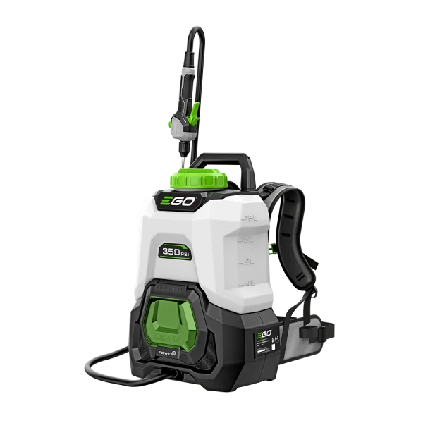 handheld sprayer with a long nozzle, hose, and adjustable strap