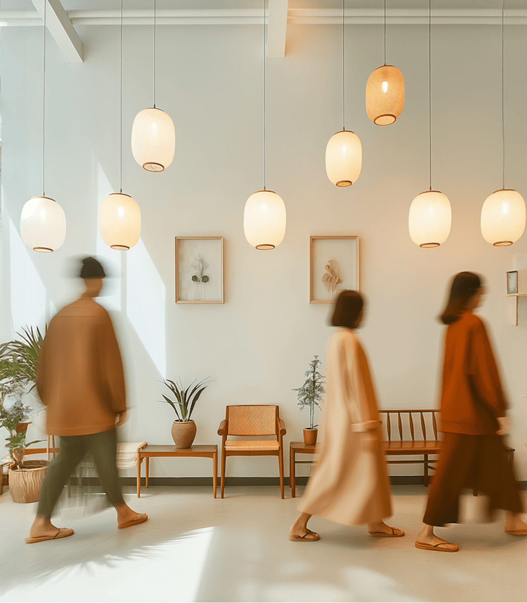 Minimalist hotel lobby with people in motion blur walking past seating area, white paper lantern pendant lights, and desert-toned color palette