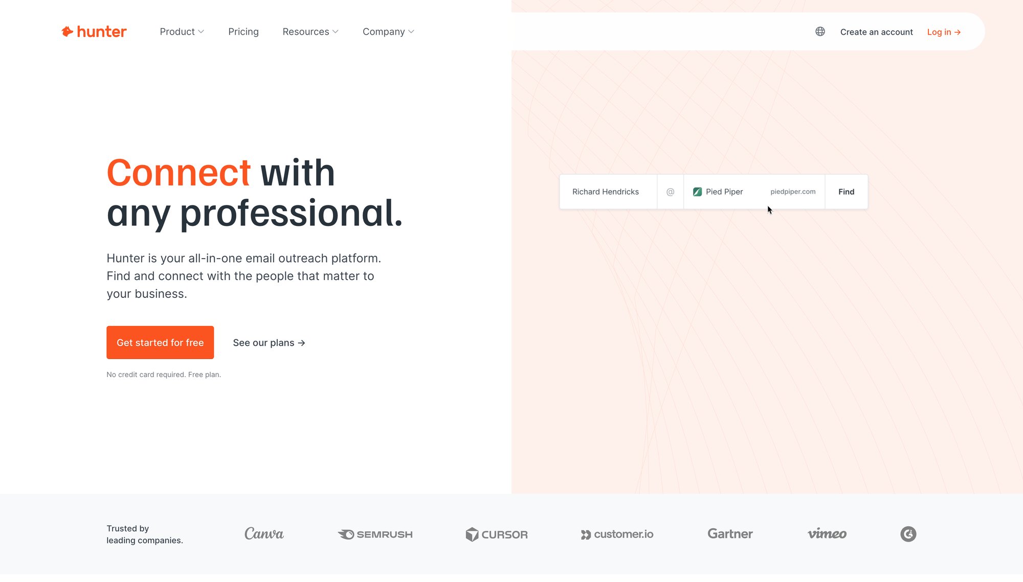 Hunter.io homepage with 'Connect with any professional' headline, email search bar, and company logos.
