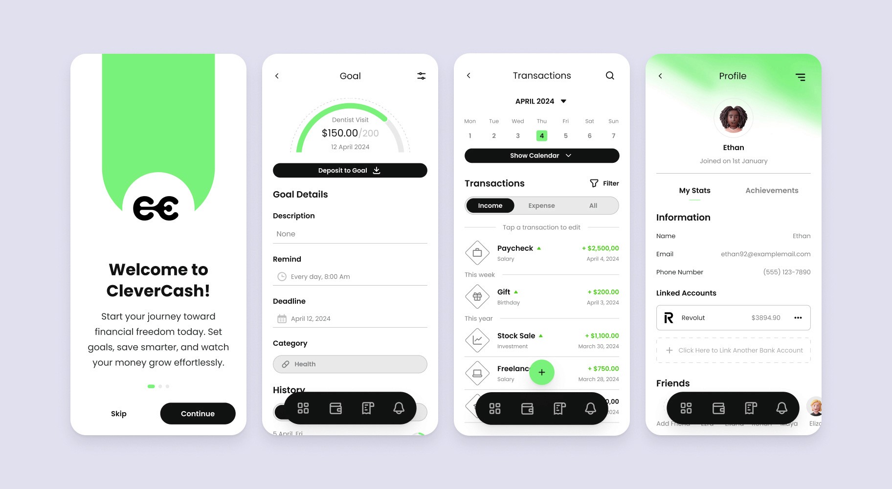 Four mobile app screens from CleverCash, a financial management app, showcasing the welcome screen, goal tracking for a dentist visit, a transaction history with income and expense details, and a user profile displaying linked accounts and personal information.