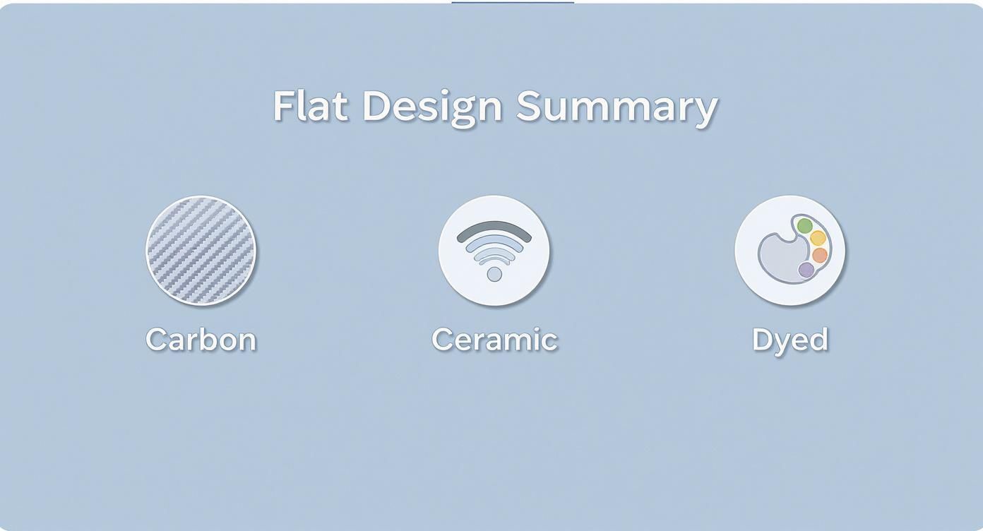 A flat design summary showing three icons for Carbon (weave pattern), Ceramic (wifi signal), and Dyed (paint palette).
