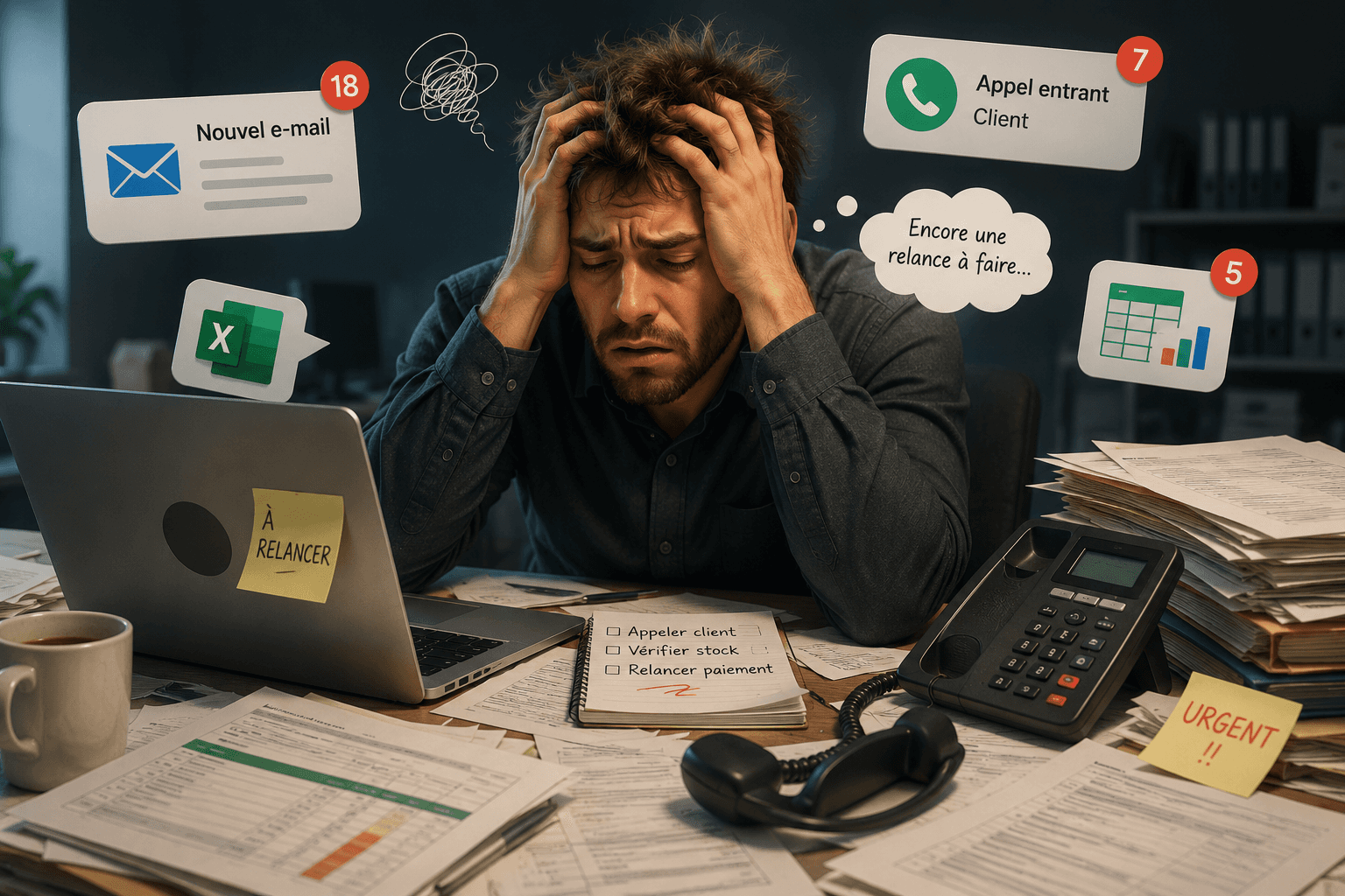 Un homme se tenant la tête, fatigué par les appels, les emails incessants, les tableaux excels à n'en plus finir 