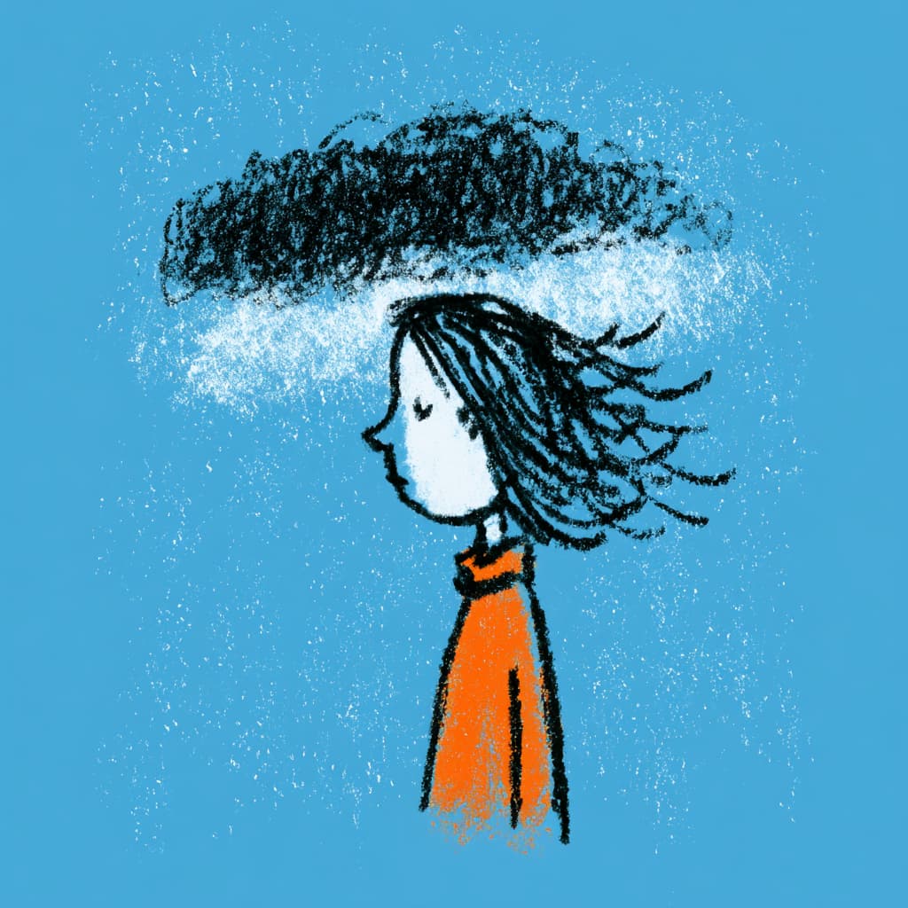 Whimsical Aquarell-Illustration einer Frau, über deren Kopf dunkle Wolken aufreißen und Licht durchbricht – Hypnose gegen Burnout