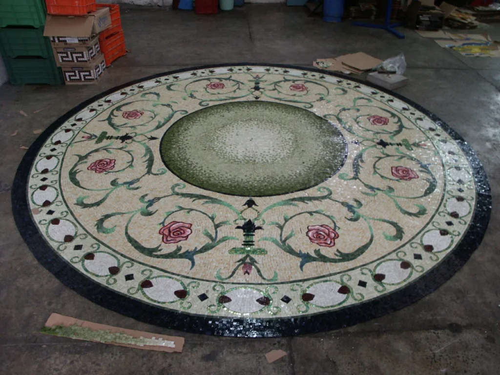 Rose Garland mosaic pool medallion, Rose and green on cream, hand-cut stone — reference M-10, Mosaiclegs Art Studio