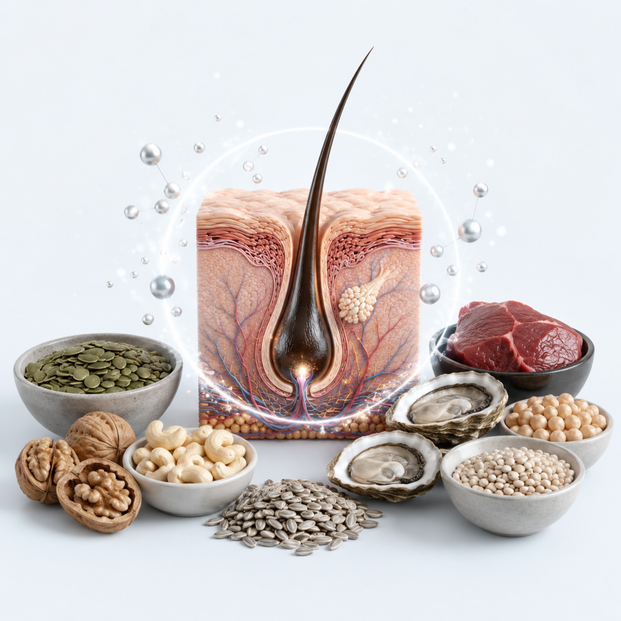 Zinkrijke voedingsmiddelen rondom een haarfollikel als illustratie van haargezondheid.