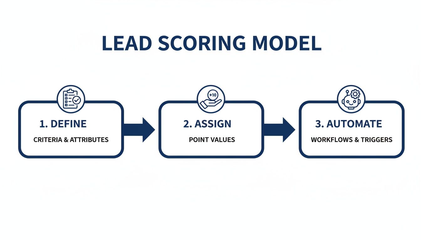 A diagram illustrating a three-step lead scoring model: define criteria, assign point values, and automate workflows.