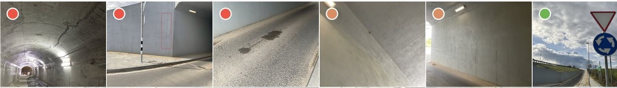 在 Eagle Intelligence 中针对某一个隧道资产捕获的一排缺陷照片，每张照片都标记有代表严重程度的彩色圆点。