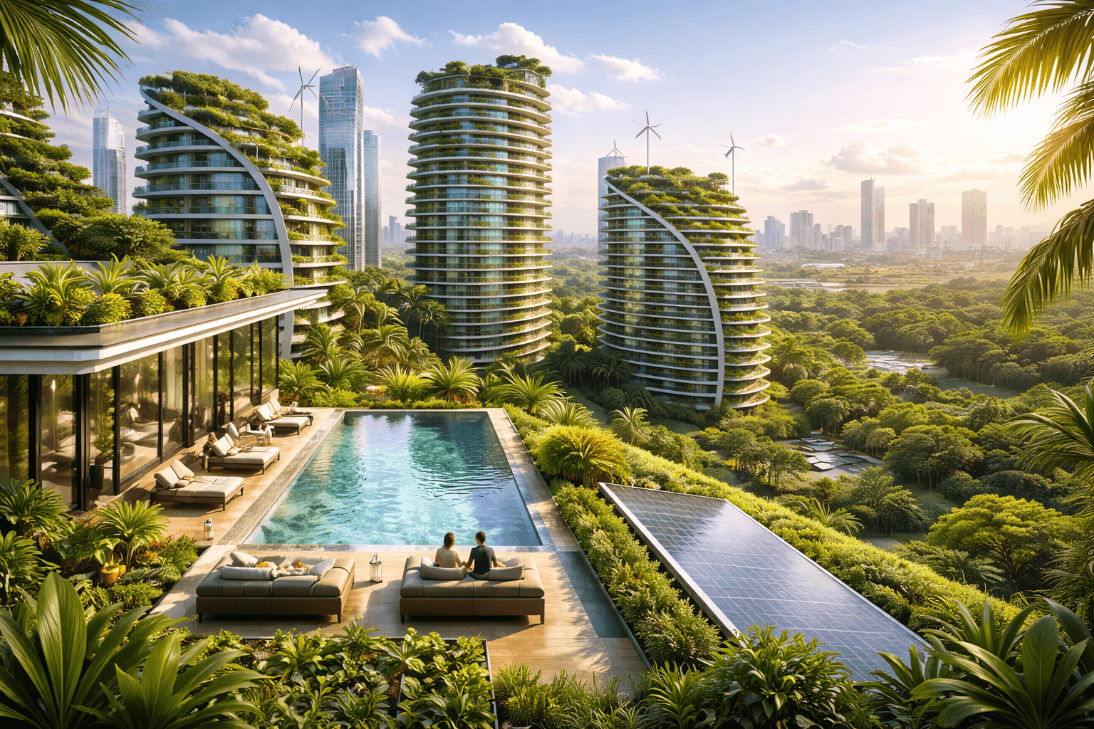 High-tech sustainable residential development in Pune surrounded by lush greenery and smart amenities