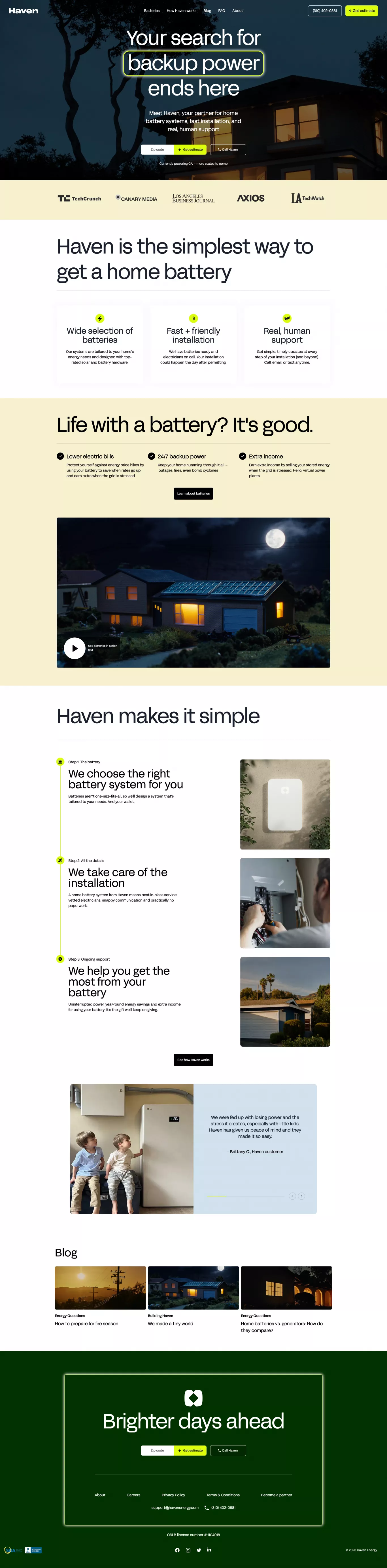 Haven Energy - Residential Energy Storag landing page screenshot showcasing Tech and Real Estate design