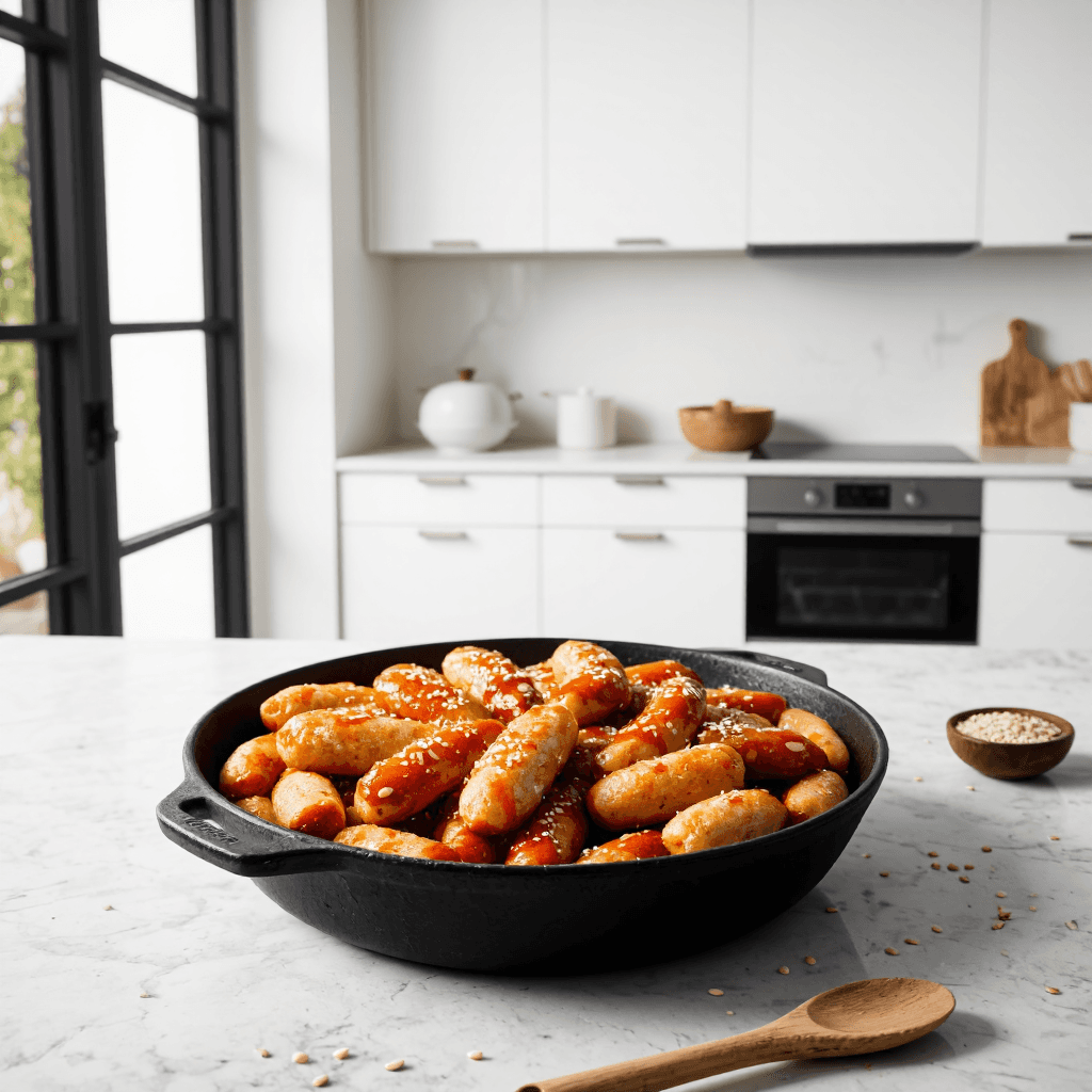 product photography of a cast iron skillet of spicy rice cakes