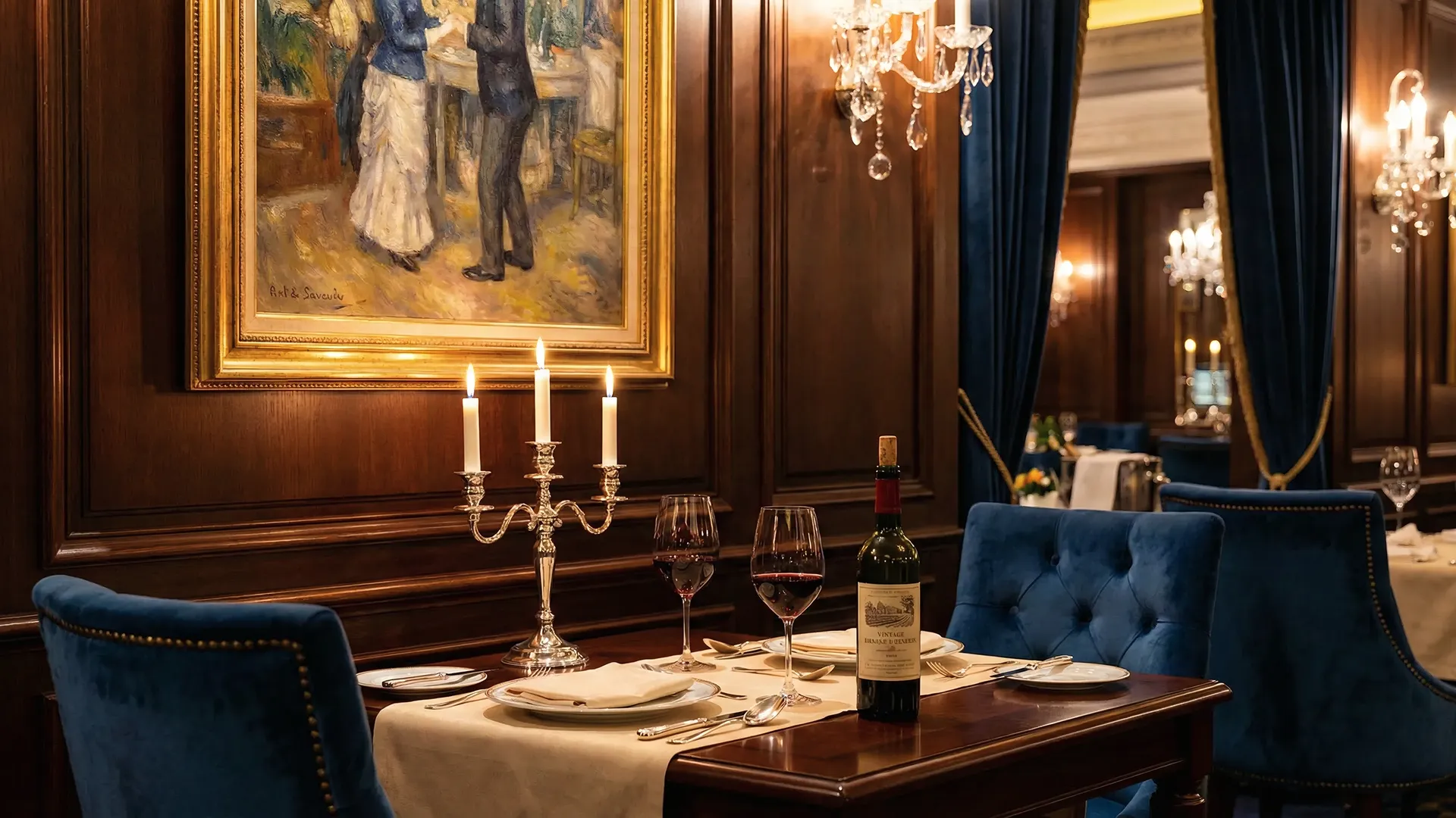 Elegant dining room with a chandelier casting warm light over a table set with glassware and cutlery. Wooden beams and vintage decor create a cozy ambiance.