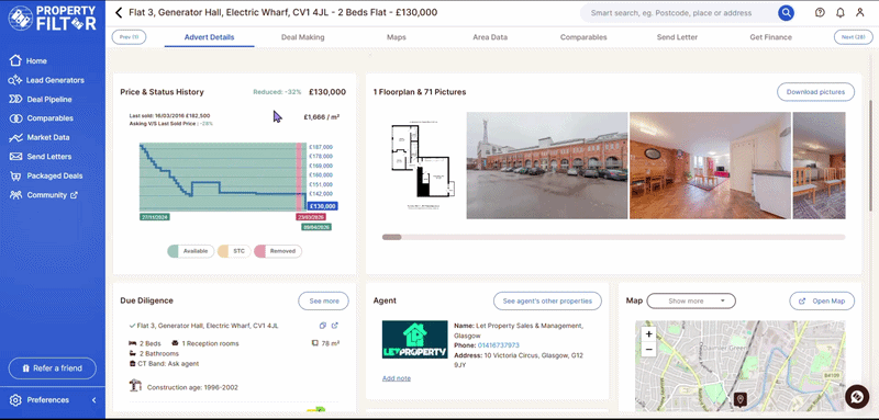 Property Filter price history graph showing multiple price reductions and motivated seller signals