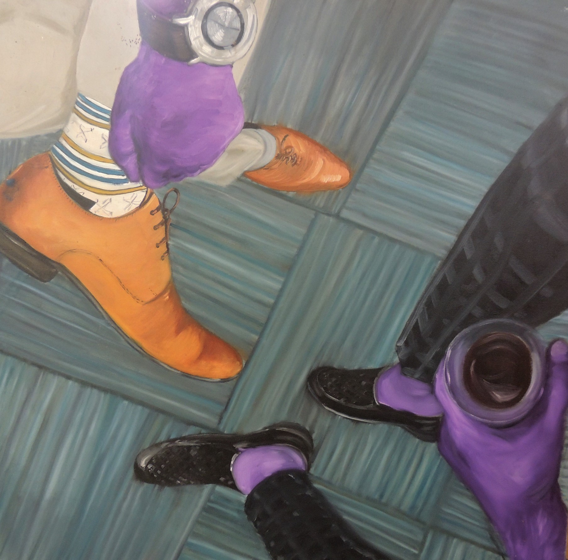 herd of sheep on road painting