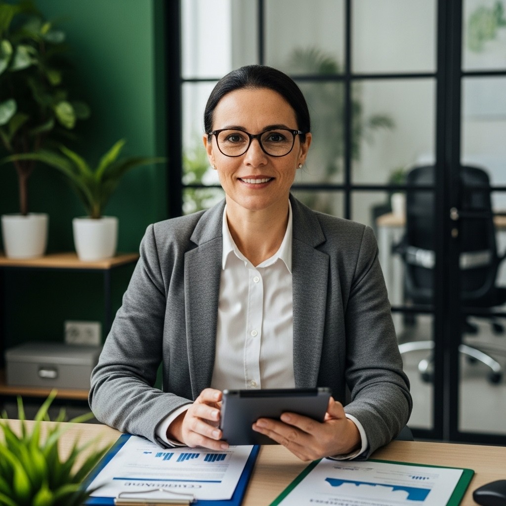 mulher analisando documento e laptop