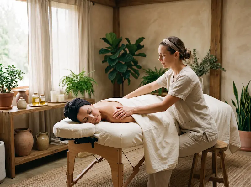 A relaxed client receiving a massage in a calm, welcoming Bradenton spa treatment room.