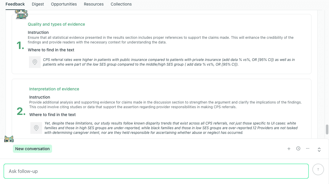 Screenshot of thesify feedback highlighting quality of evidence and interpretation of evidence, with instructions and where-to-find references in the text.