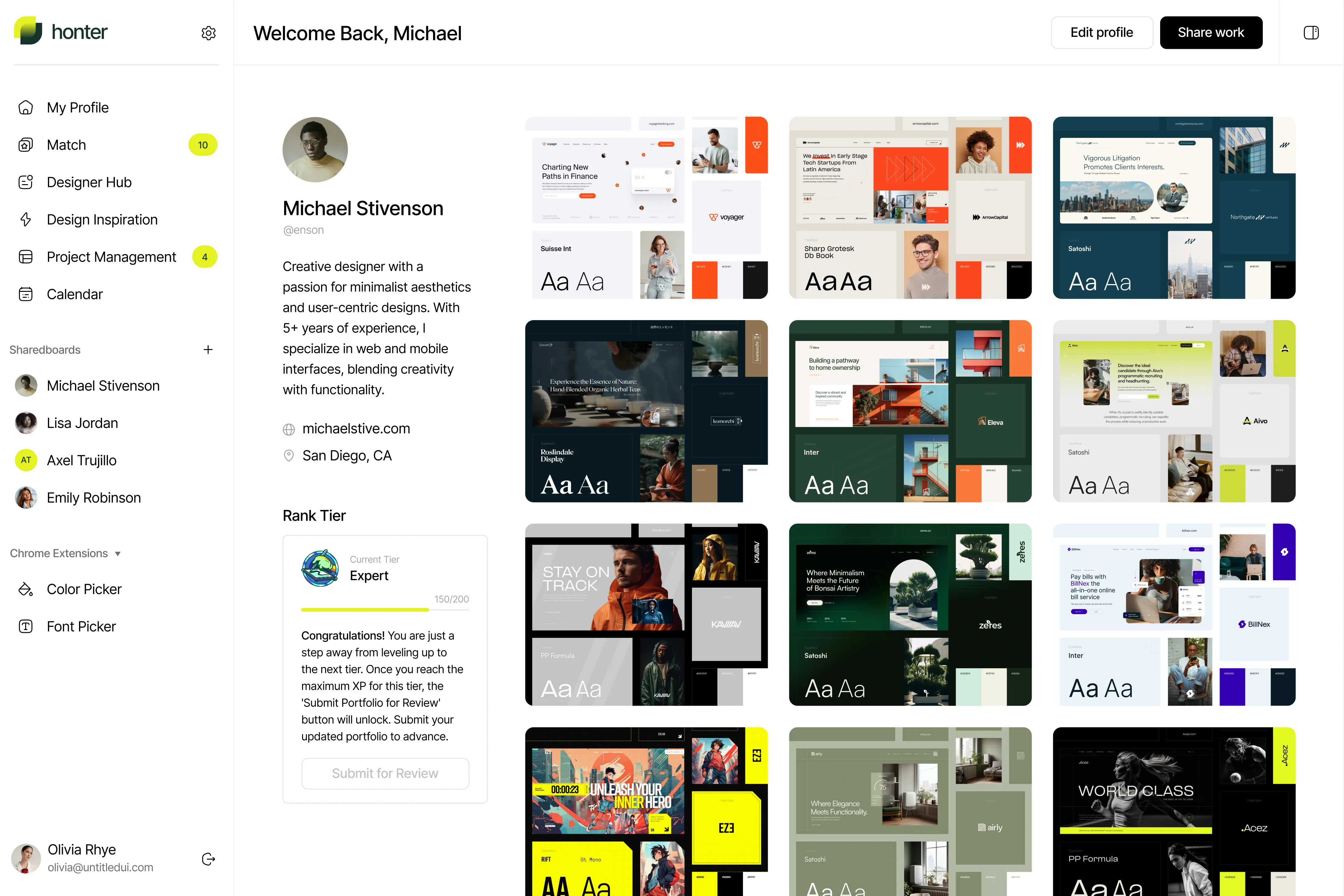 Vista previa del panel de diseñador en Honter con portafolios rankeados y sistema de match