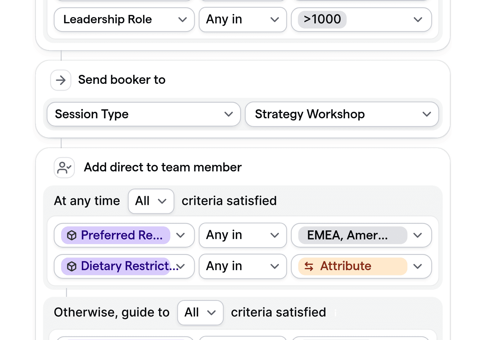 Customizable routing logic for leadership offsite scheduling, including fields for leadership role, session type, region, and dietary preferences.