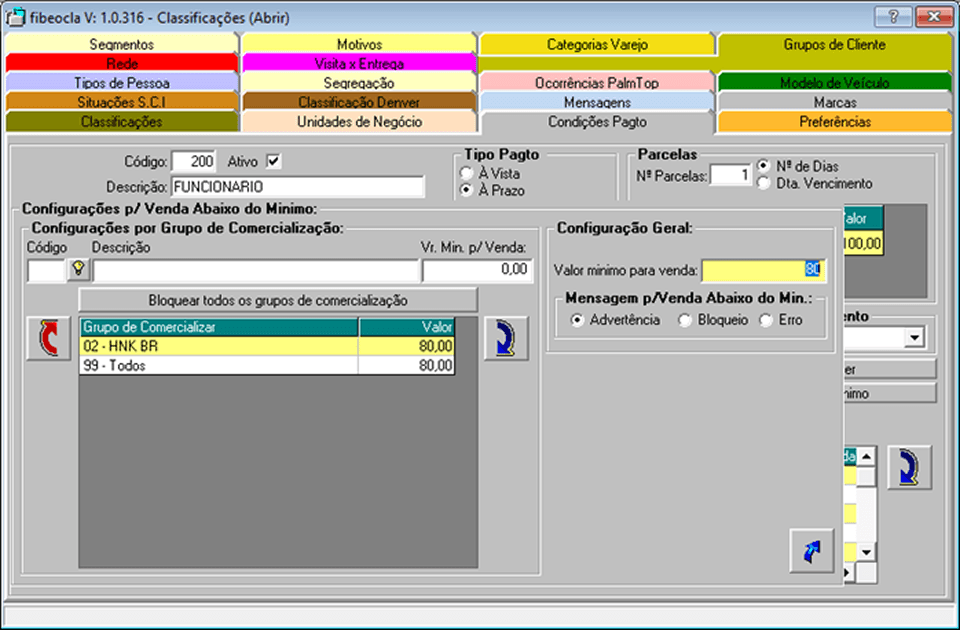 valor minimo para venda