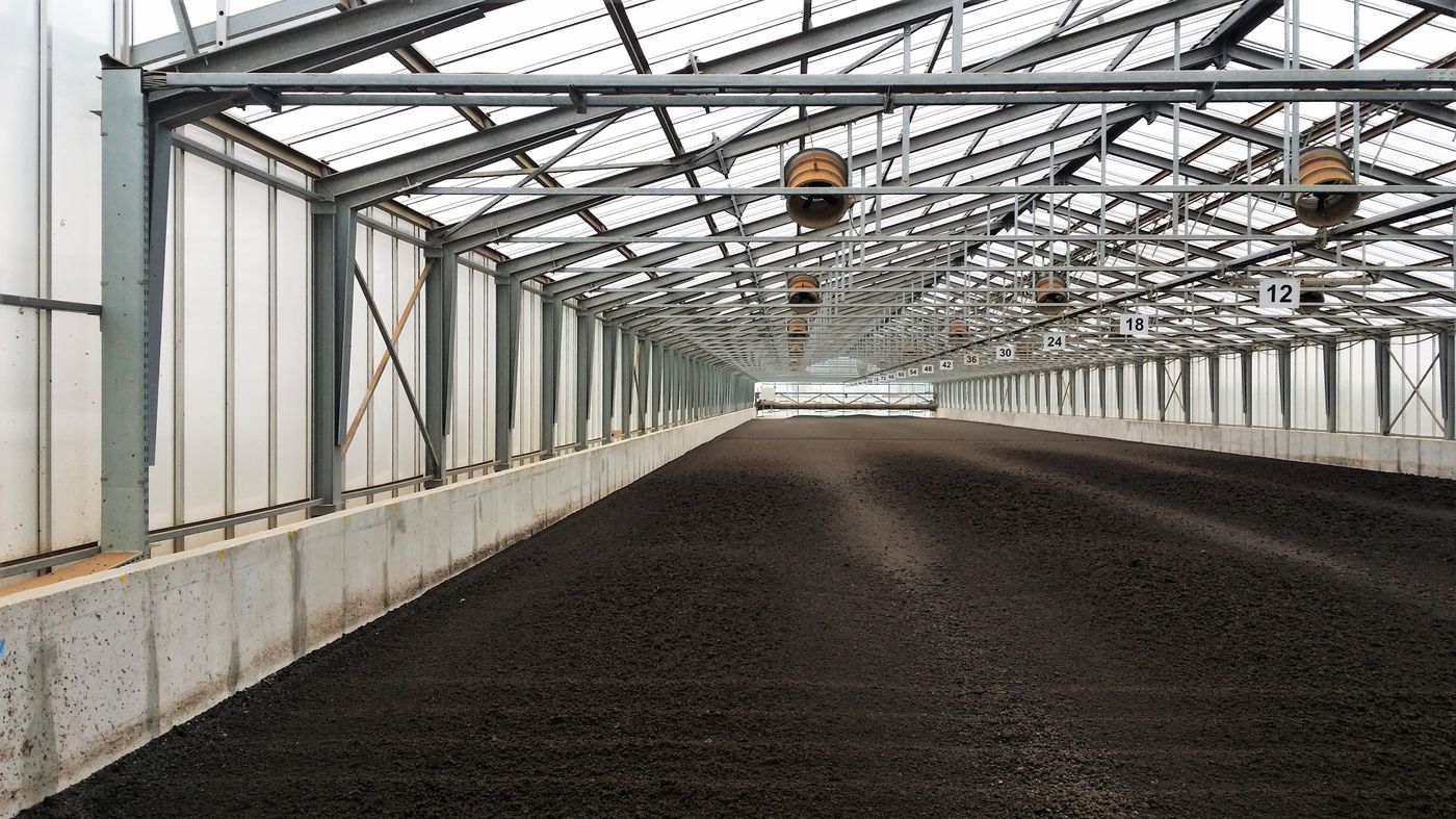 Sludge drying greenhouse at the Kiskunhalas municipal wastewater treatment plant, Hungary