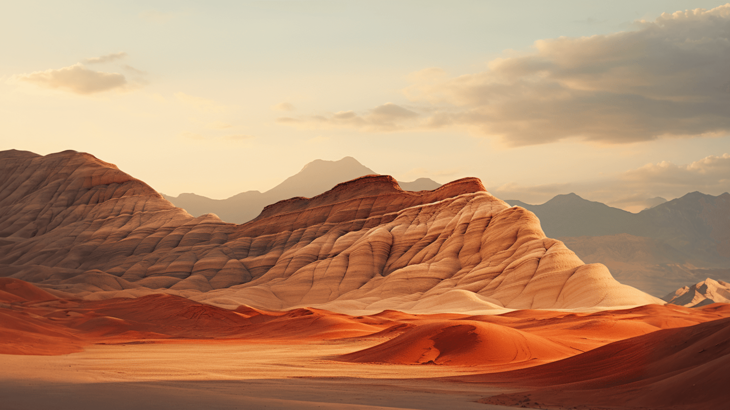 Layered desert mountains near AlUla, painted in red, beige, and orange tones under evening light.