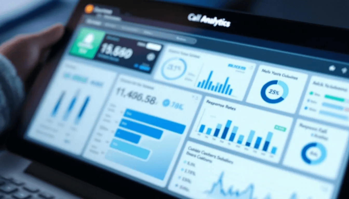 The image displays a Canadian business dashboard showcasing call analytics and metrics, highlighting key trends in customer interactions and sales processes. This data-driven interface supports sales leaders and marketing departments in leveraging AI voice agents to streamline operations and enhance customer experience.