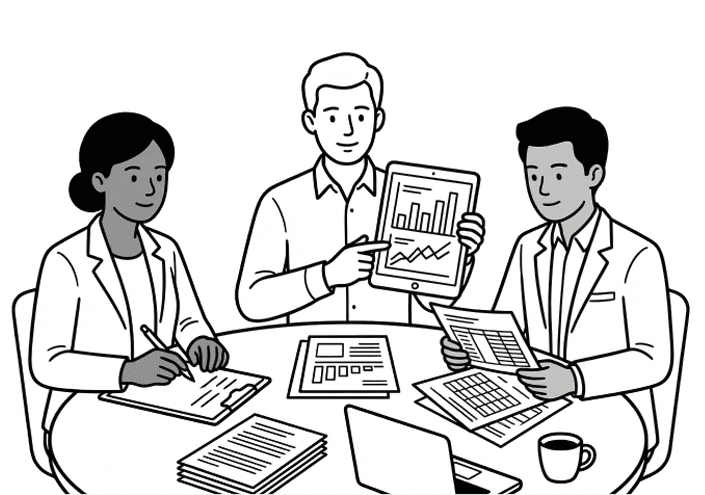 Illustration: three doctors seated around a table covered in charts, papers