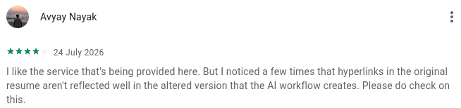 4 star Google Play review of Tsenta noting hyperlinks from original resume not reflected in AI generated version