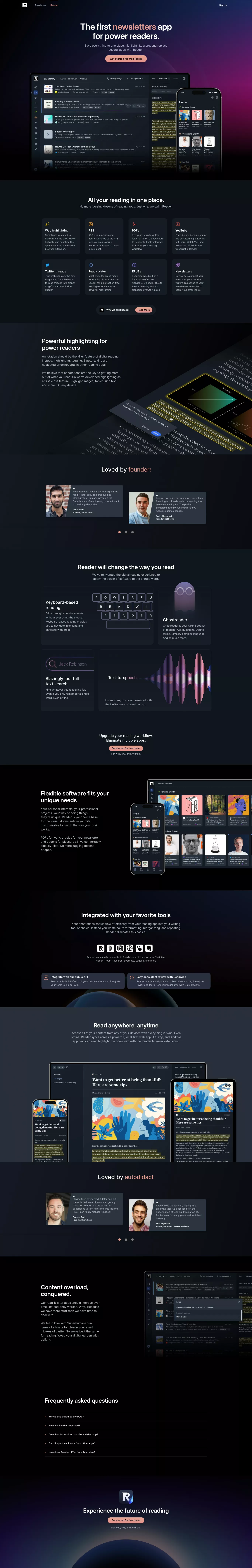 Readwise Reader landing page screenshot showcasing Tech and Education design
