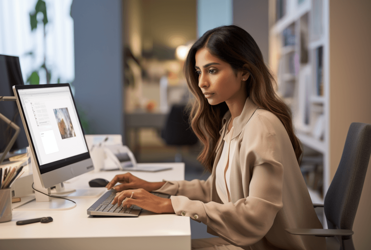 Woman in her office on her laptop deciding on a VIP Design day