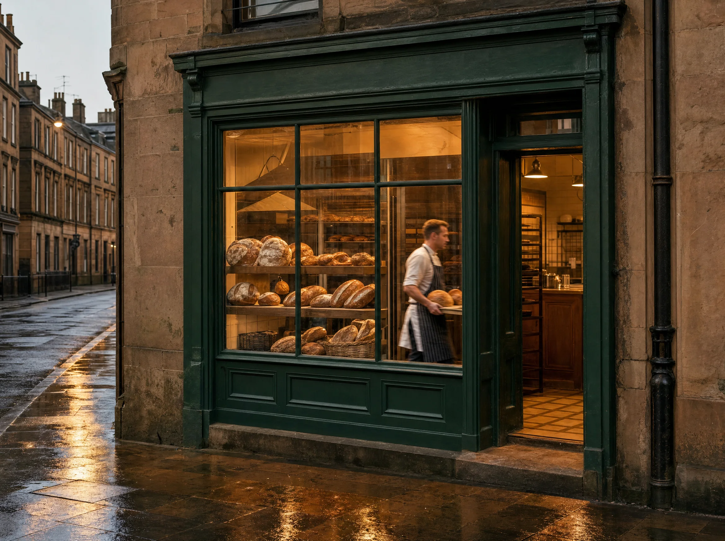 A green-painted bakery shopfront on a wet sandstone street, a baker at the window