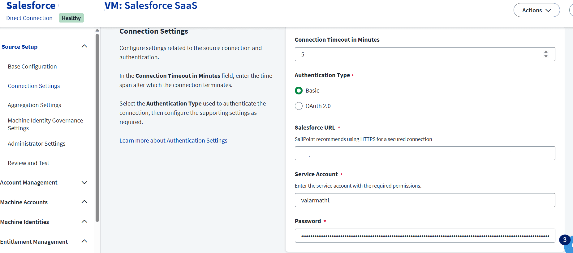 SailPoint ISC Connection Settings screen configuring authentication type, timeout duration, Salesforce URL, and service account credentials.