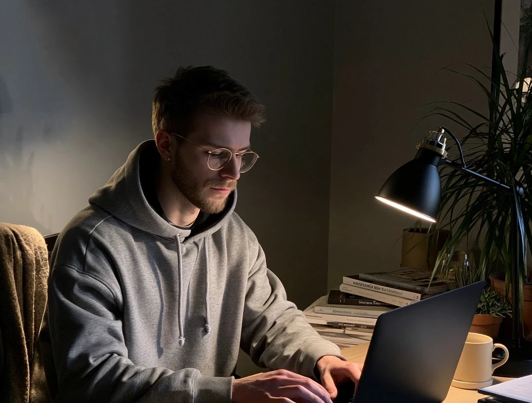 man sitting at computer working