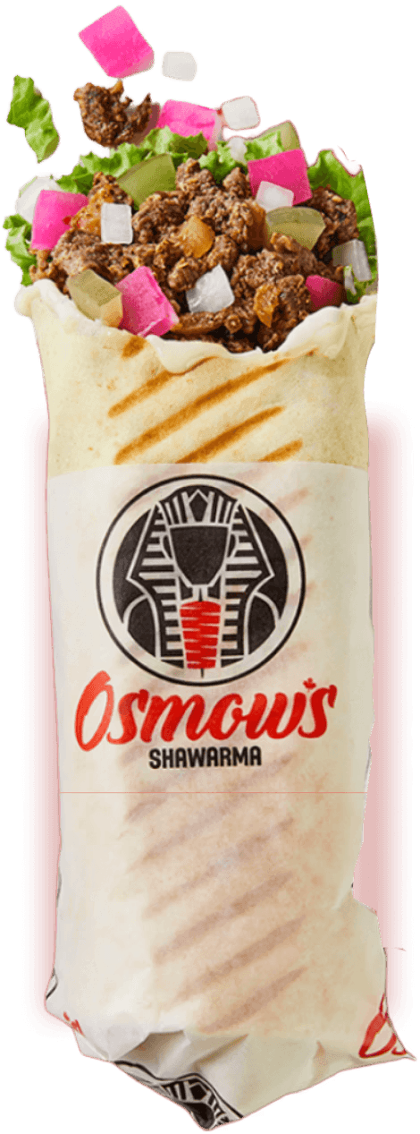 Osmow's shawarma wrap in branded paper packaging standing upright