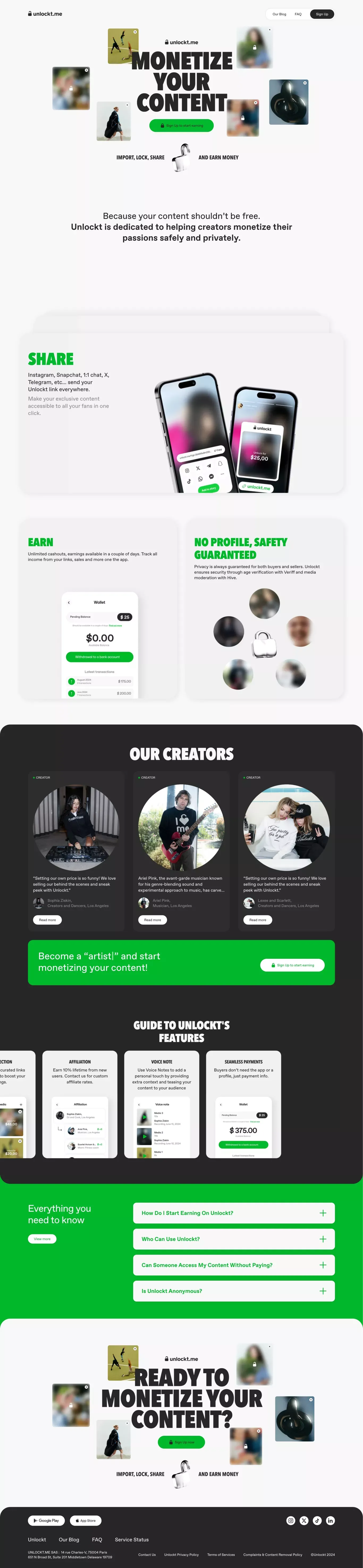 Send a file, they’ll pay to unlock it! landing page screenshot showcasing Finance and Tech design