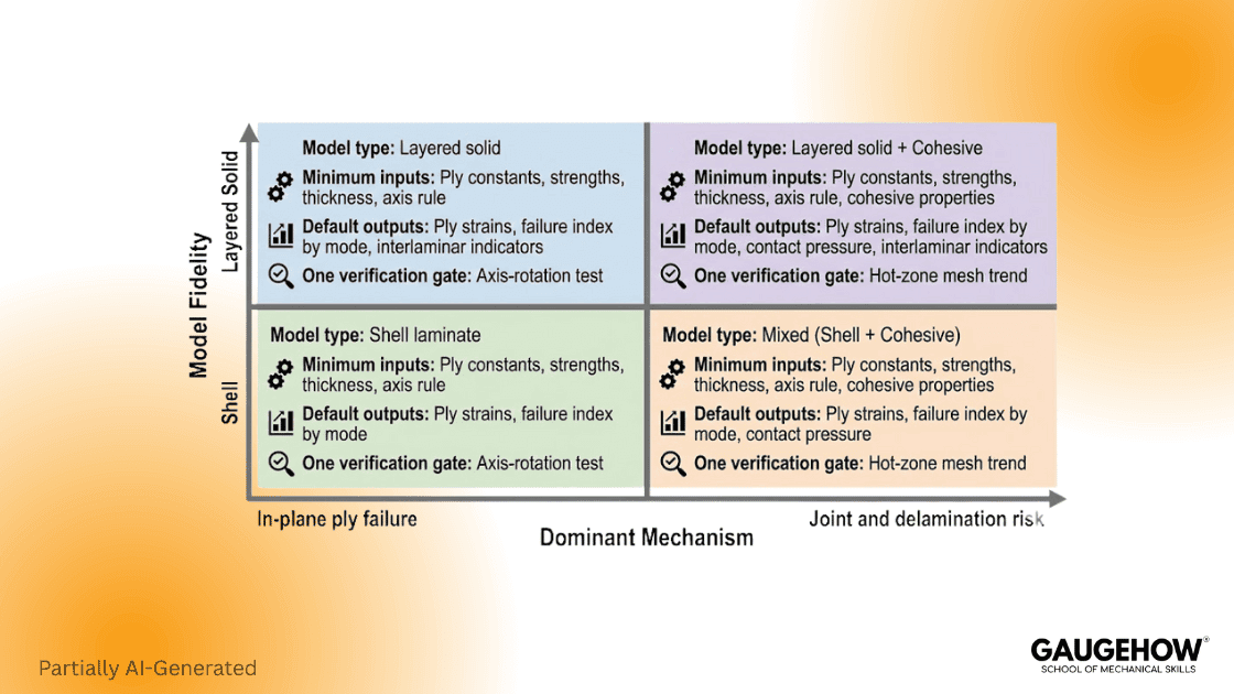 Composite FEA model selection 2×2 chart