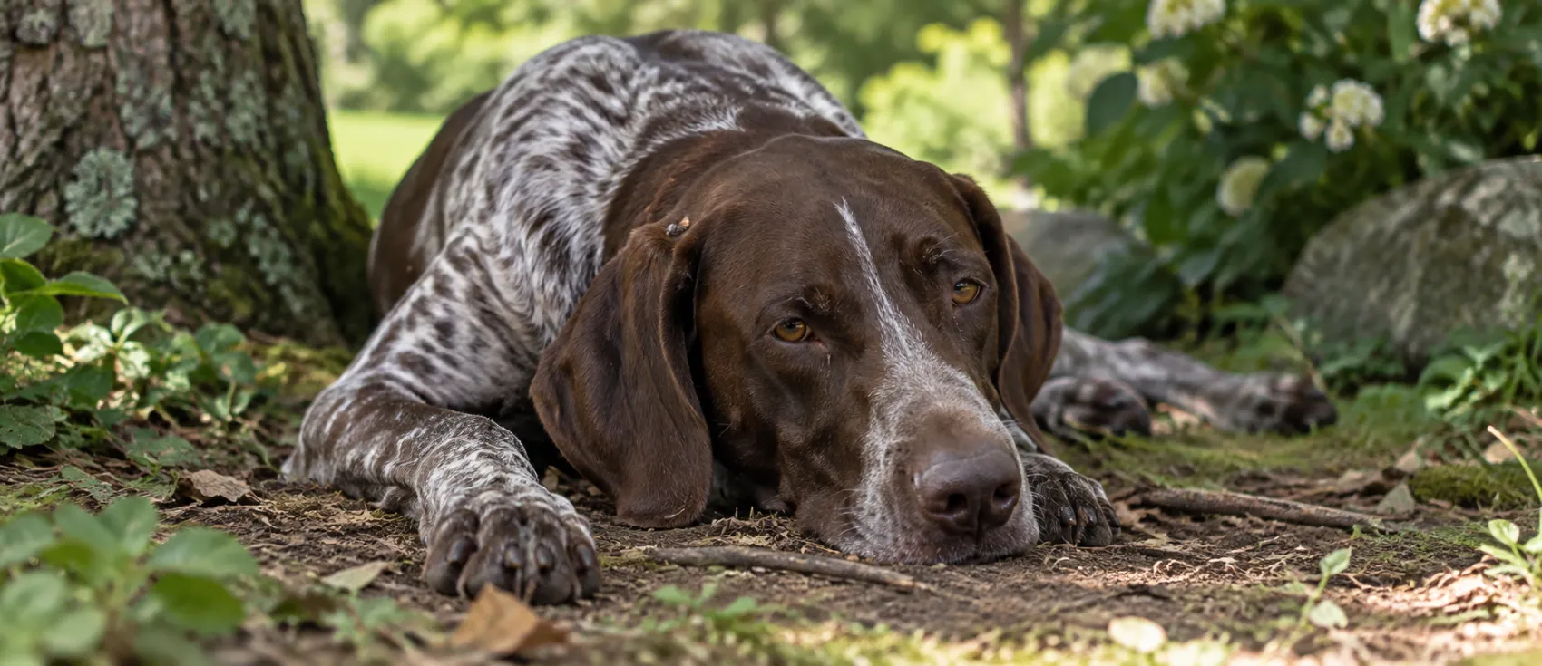 A German Shorthaired Pointer lies outdoors, appearing lethargic.