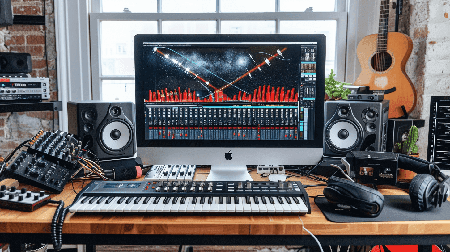 Studio setup with a desktop computer and instruments