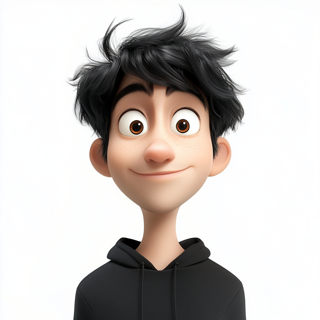 cartoon male with black hair similing