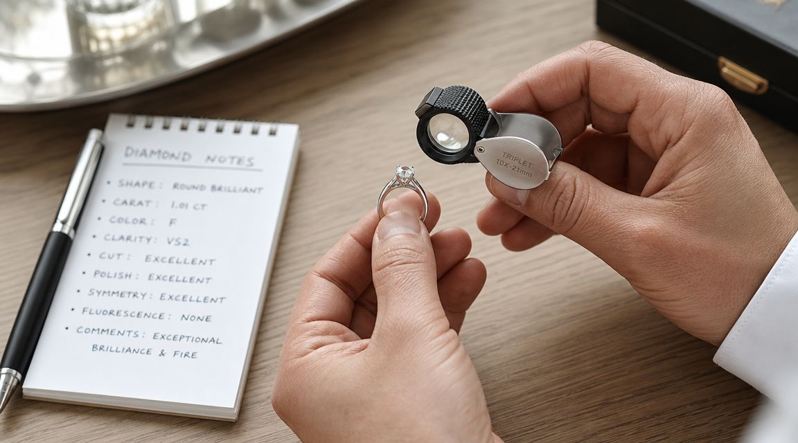 A professional jeweler examining a diamond ring using a magnifying loupe next to written diamond specifications.