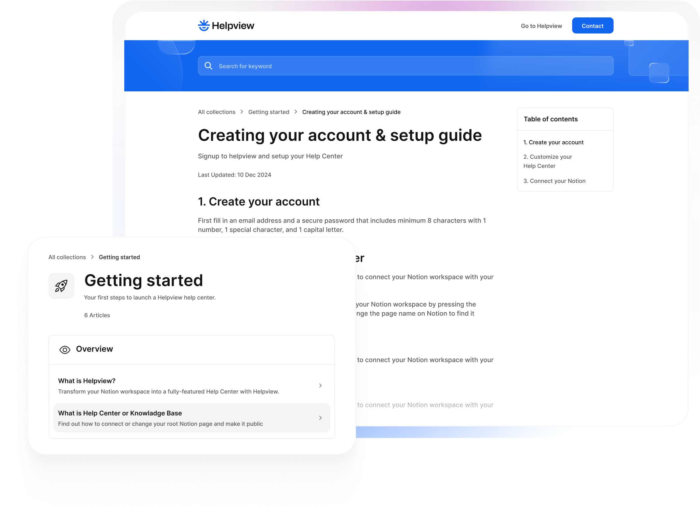 Helpview help center article page created from Notion, showing a setup guide with navigation and table of contents.