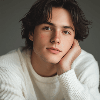 Portrait of a young man wearing a white sweater, striking a relaxed pose with a friendly expression.