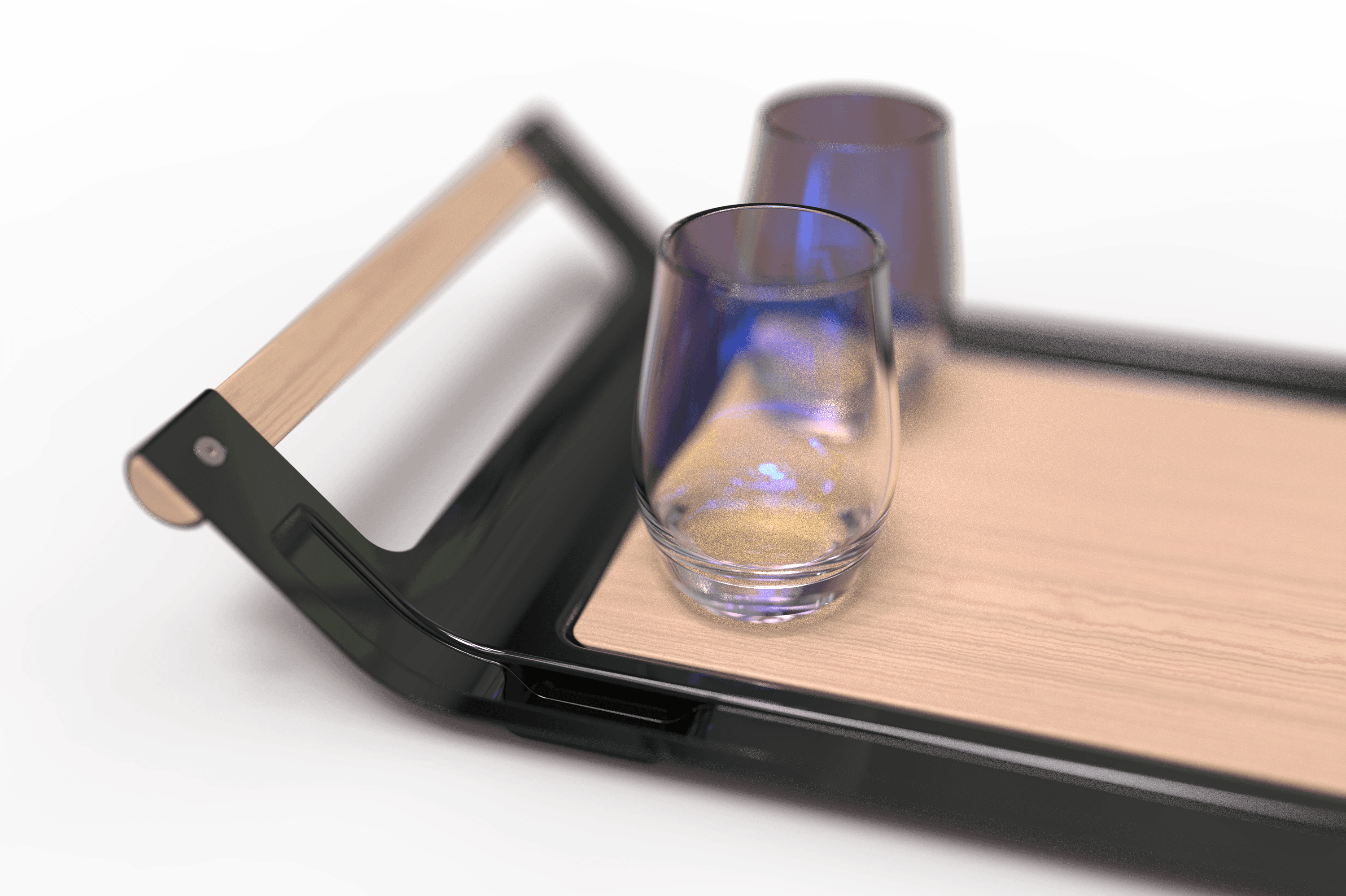 A metal and wood serving tray with two empty glasses on it.