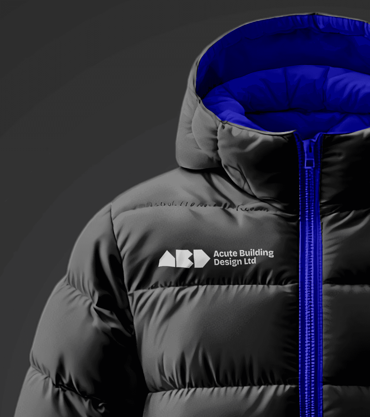 A black puffer coat with the logo for Acute Building Design embroidered on the breast