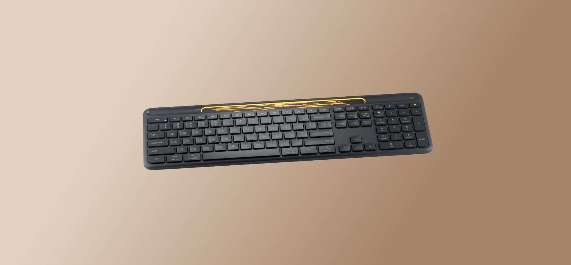 3D render of the Solar K980 keyboard with light trails flowing around the solar panel