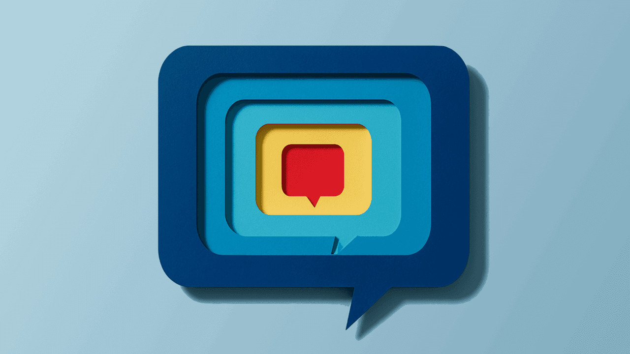Layered speech bubbles in blue and red, symbolizing deeper conversation and hidden insights.