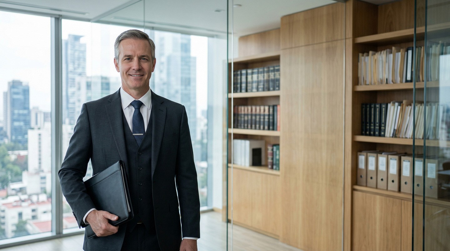 Lawyer in legal office environment carrying case files