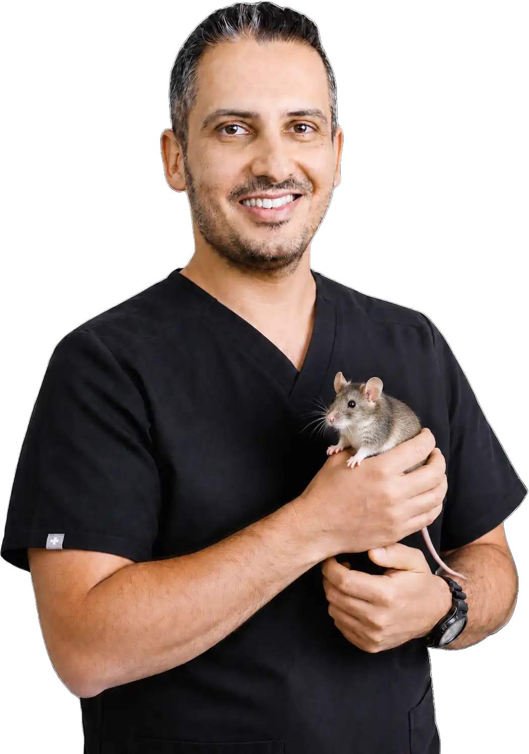 Dr. J. Yeganeh holding a pet rat, highlighting expert veterinary care for exotic pets and small mammals.