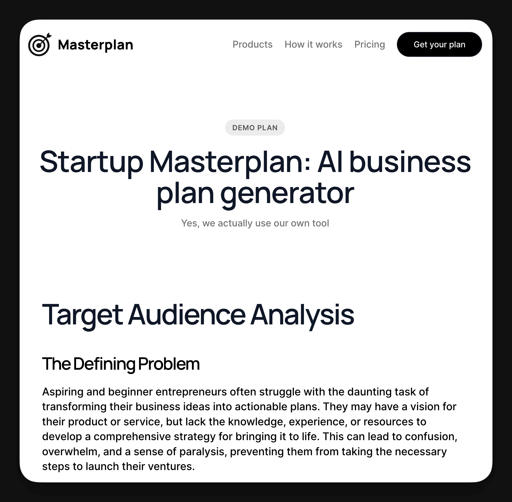 A screenshot of an example plan created by AI business plan generator