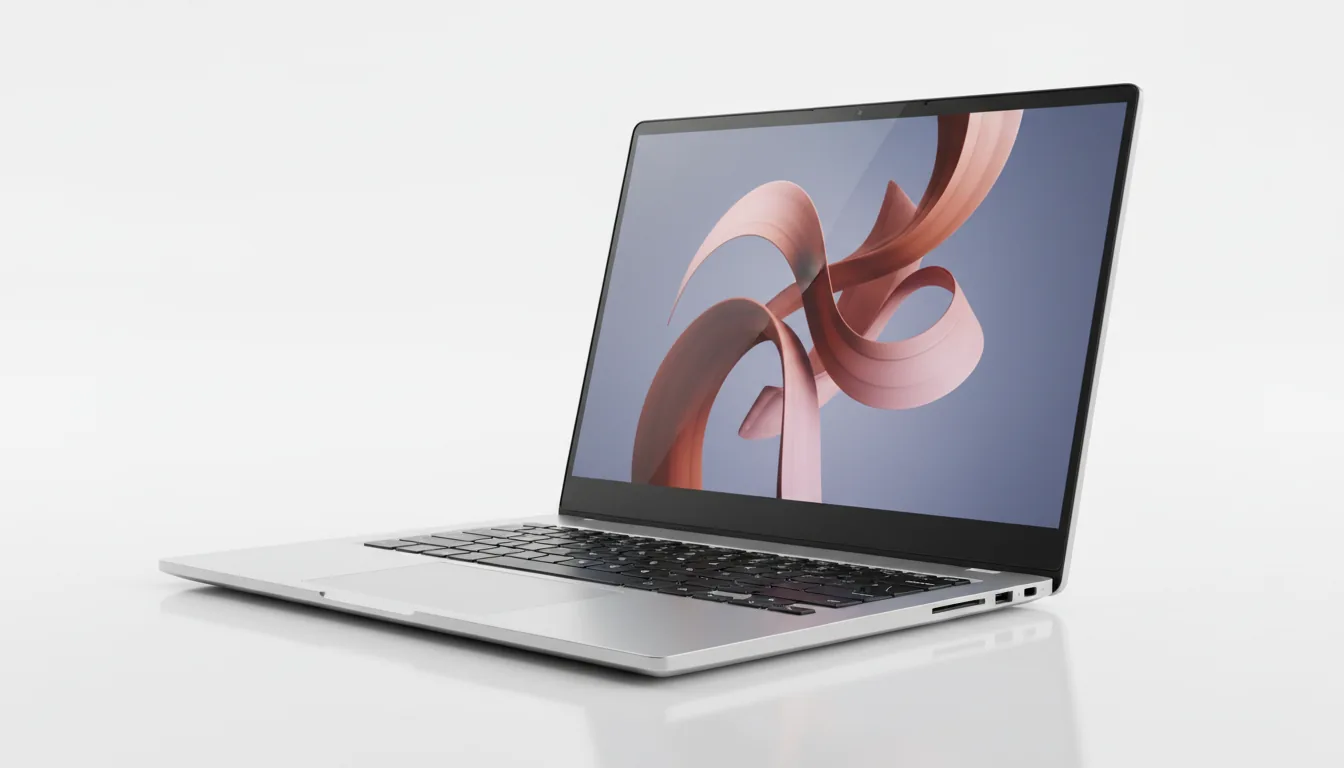 DSLR product photography of a premium, slim workstation laptop angled in a three-quarter view on a seamless white studio background. The laptop features a silver aluminum body and a dark carbon fiber weave texture on the interior deck. The near bezel-less screen is illuminated, displaying a complex, swirling abstract 3D render with terracotta and rose-colored ribbons against a muted purple-blue background. Soft studio lighting creates clean highlights and a subtle reflection on the white surface below. Extremely sharp focus, photorealistic texture, professional and clean aesthetic.